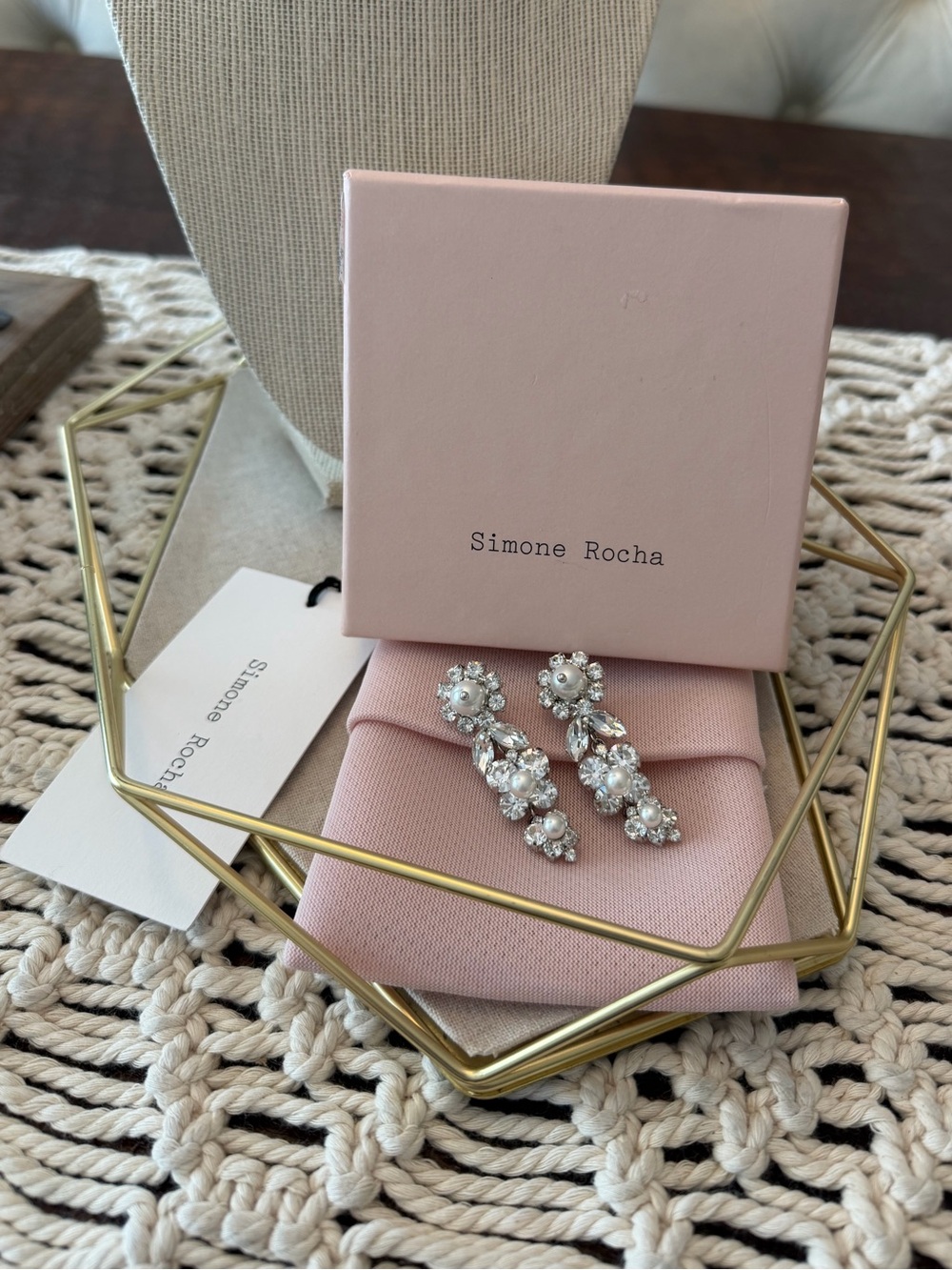 Simone Rocha Daisy Cluster Crystal & Faux Pearl Drop Earrings - New With Tags